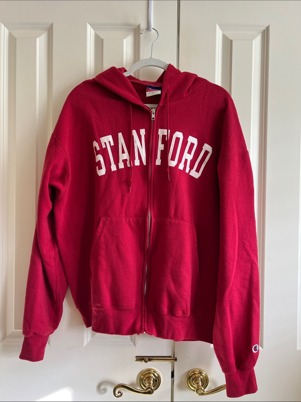 Champion Red Zip-Up Hoodie with Hood Stanford Embroidered Logo Large